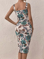 Hnewly Women's Daily Camisole Dress Summer Casual Vacation Style Sexy Sslit Print Pattern Backless Square Neck Sleeveless Lady's Dress