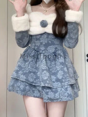 Hnewly DRESS TO IMPRESS Autumn Winter Sweet Denim Dress Women Print Patchwork Warm Party Mini Dress Female Korean Fashion Designer One Piece Dress