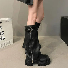 Lunivop Winter Women Biker Boots Fashion Belt Buckle Ladies Elegant Platform Long Pipe Booties Casual Women's Knee High Booties