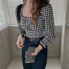 Hnewly Long Sleeve Blouse Women Sexy Ladies Sweet Square Collar Plaid New Design Korean Fashion Slim Casual Edible Tree Fungus Hot Sale