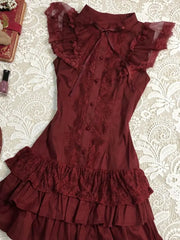 Lunivop Vintage Classic Lolita Burgundy Lace Stand Collar Flutter Sleeve Short Dress Elegant Waist Fit Harajuku Summer Streetwear Outfit