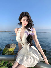 Hnewly Woman Dress Sleeveless Halter V Neck Hollow Out Slim Lace Patchwork Summer Fashion Holiday Party Mini Dresses Elegant