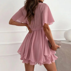 Hnewly Summer Chiffon Women's Short Sleeved Slim Fashion Dress Waist-tie Chiffon Short Skirt with Lotus Leaf Hem; Short Sleeves