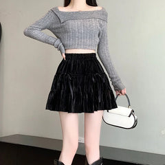 Hnewly Casual A Line Mini Kawaii Skirt Women Clothing High Waist Bow Black Faldas Largas Korean Style Harajuku Pleated Velvet Skirts