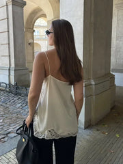 Hnewly Sexy Lace Patchwork Sling Top Women V-neck Sleeveless Side Split Solid Color Vests New Summer Evening Party Vacation Tops