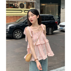 Hnewly French Style Striped Bow Tank Top Women's Summer Loose Fit Vacation Style Doll Top Fashionable Casual Wear
