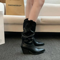 Hnewly Female Western Boots Cowboy Boots Women Plested Women Ankle Pu Leather Shoes Autumn Boots Women Booties Lady Plus Size 42