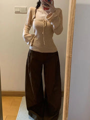 Hnewly Harajuku Sexy Knitted Two Pieces Cropped Single Breasted Cardigan + Drawstring Bodycon Strapless Vest Autumn Y2k Aesthetic Suit