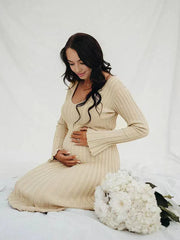 Hnewly Maternity Photoshoot Dress Knitted V-Neck Sleeve Pregnancy Gown Baby Shower Outfit Fall Autumn Winter Elegant Maxi Dress