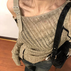 Hnewly 2000s Aesthetic Vintage T-shirts Women Sexy Y2k Punk Gyaru Long Sleeve Crop Streetwear Asymmetrical Top Slash Neck Tee