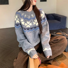 Hnewly Fair Isle Sweater for Women Cozy Loose Long Sleeve Crew Neck Knit Pullovers Christmas Sweater Autumn Winter Vintage Outfit
