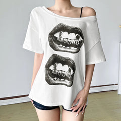 Hnewly Summer Chic Print Loose T-shirt Streetwear y2k Short Sleeve Off-shoulder T Shirt for Women Casual Basic Knit Tee Harajuku