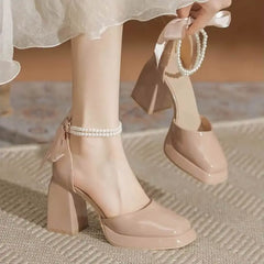 Hnewly Summer Sweet Back Butterfly-knot Lolita Shoes Big Girls Thick Block High Heels Platform Women Party Flock Princess Sandals 2024