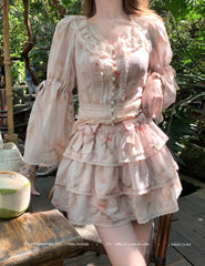 Hnewly Women Print Lace Two Pieces Sets French Elegant Spliced Ruffles Slim Waist Lace-up O-Neck Top + Cake A-Line Skirt Summer Fashion