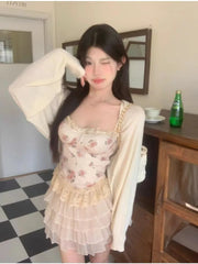 Hnewly Summer New 3 Piece Skirt Set Knitted Sun Elegant Cardigan Women's Floral Lace Camisole Short Ruffle Cake Skirt Y2k Korean