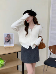 Hnewly Fuzzy Sweater Hoodie Zip-Up Mohair-Knit Cardigan Women Long Sleeve Hooded Crop Top Knitwear Fall Winter Teen-girl Y2K Outfit