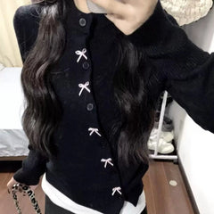 Hnewly Korean Style Sweet Bow Knitted Cardigan Women Elegant Black Sweaters Kawaii Irregular Long Sleeve Cardigan Aesthetics
