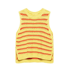 Hnewly Dopamine Contrast Stripe Knitte Vest Women O-neck Sleeveless Irregular Hem Short Top Summer Casual Sweet Office Lady Outfit