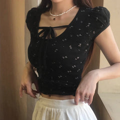 Hnewly Cute y2k Floral Print Crop Top Chic Bandage Square Collar Puff Sleeve T Shirts Vintage Women Summer Shirts Korean Fashion