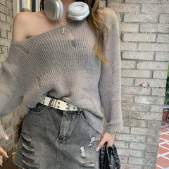 Hnewly Gothic Sweater y2k Clothes Women Solid Color Round Neck Long Sleeve Ripped Knitted Top 2000s Grunge Clothing Streetwear