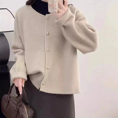 Hnewly Women Sweater Cardigan Polished Gold Button Up Soft Knitted Long Sleeve Sweater Jacket Top Fall Winter Korean Ladies Chic Outfit