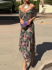 Hnewly Elegant Off Shoulder V Neck Female Pleated Dress Fashion Printed Women Long Dresses Summer New Lady Beach Vacation Vestidos