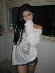 Hnewly Korean Fashion Graphic Tees Women Transparent Vintage Gothic T Shirt Long Sleeve Loose Punk T-shirt Streetwear Tops