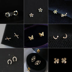 Needles Ear Piercing Zircon Moon Butterfly Flower Gold Color Stud Earrings for Women Sweet Fashion Girl Jewelry Gift