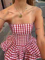 Hnewly Plaid Print Corset Tops Women Y2K Summer Pleated Fluffy Hem Sleeveless Basic Street Backless Vacation Beach Party Top