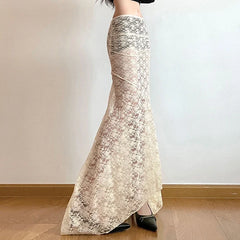 Hnewly Y2K Vintage Lace Long Skirt Women Aesthetic Fairy Stylish High Street Maxi Skirts 2024 Summer Outfits Sexy Ladies Beach Style