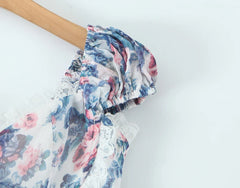 Lunivop Summer Floral Print Spliced Lace Chest Bow Collar Short Puff Sleeve Dress Low Waist Ruched Hem Swing Mini Dresses Cake Robe