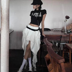 Hnewly Korean Style Irregular Skirt Women Vintage Elegant White Ruffle Skirt Lace Patchwork Summer Layered Midi Skirts Street