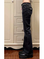Hnewly Women's Low Rise Flared Jeans Black Bootcut Jeans American Retro Denim Pants Y2k Japanese 2000s Harajuku Bell Bottom Skinny Jean