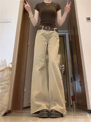 Hnewly Women's Khaki Bootcut Jeans - Low Rise Flared Trousers 90s Vintage Wide Leg Denim Pants Casual Streetwear Y2K Fashion