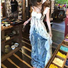 Hnewly American Vintage Lace Strap Vest Women Summer Sleeveless T-shirts 2000s Retro Clothing Harajuku Korean Tees Design Y2k Crop Top