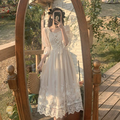 Hnewly Spring Summer New French Style Women Dress 3/4 Sleeve Fairy Casual Long Dress Square Collar Patchwork Lace Party Dress