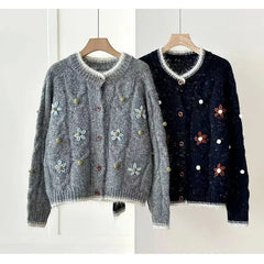 Hnewly Flower Embroidery Knitted Sweater Cardigan 2025 Spring Autumn Soft Single-breasted Top Women Korean Style Loose Long Sleeve Coat
