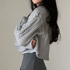 Hnewly Gray Cardigans Women Vintage Twist Crop Sweaters Autumn Zip-up Knitwear Outerwear Tender Korean Fashion Ladies Casual Streetwear