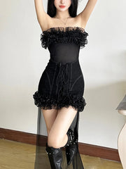 Hnewly Y2k Aesthetic Patchwork Strapless Dresses Ruffled Women Streetwear Sexy Bandage Dress Harajuku Irregular See Through Vestidos