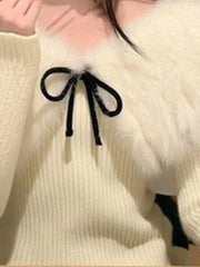 Hnewly Y2k Aesthetic Furry Patchwork Slash Neck Sweater Women Harajuku Bandage Bow Pullover Autumn Vintage Bodycon Fairy Jumpers