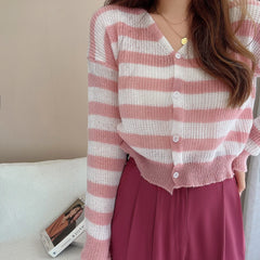 Hnewly Women Striped Knit Cardigan Button Front Long Sleeve V-neck Crop Sweater Jacket Comfy Knitwear French Chic Autumn Winter Outfit