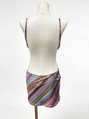 Hnewly Contrast Color Stripe Mini Dresses Women's Slim Sleeveless Backless V-neck Dress New Ladies Summer Vacation Beach Outfit