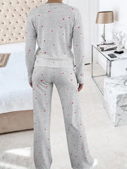 Hnewly Heart-Patterned LongSleeve Round Neck Shirt and Pants Loungewear two Piece Set for Women Comfortable Matching Ensemble Set
