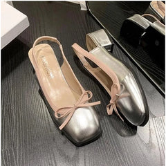 Hnewly Summer Women's Flats Sliver Boat Shoes Square Toe Slip on Flat Shoes for Woman Ballet Flats Comfortable Bow Women's Sandals