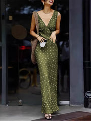 Hnewly Polka Dot Satin Women Maxi Dress Fashion Lace Up V-neck Sleeveless Waist Cinching Slim Long Dresses Lady New Party Vestidos