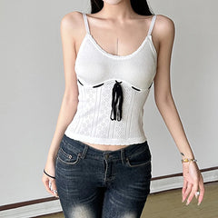 Hnewly Summer Holiday Knitwear Crop Top Contrast Lace-up Bow Patchwork Tees Women Sexy Hollow Out Sleeveless Skinny Camis Casual