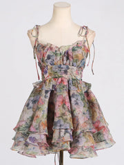 Hnewly Fashion Printed Dress Women's Sleeveless Bow Lace Up Waist Retraction A Line Dresses 2025 Summer New Tide