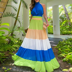 Hnewly Summer Chiffon Sleeveless Vacation Dress Color Blocked High Waist Pleated Beach Dress Women's Casual Backless Hollow Robe Dress