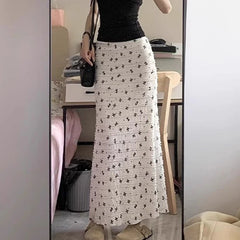 Hnewly Bow Print Lace Patchwork Mermaid Skirt Women Elegant Summer Elastic Waist Midi Skirts Lady Vacation Beige Long Skirt Female