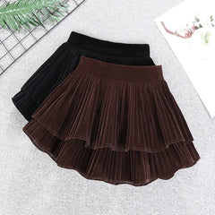 Hnewly Velvet Tiered Mini Skirt for Women Teen-girl Low-Rise Ruffled Pleated Short Skirt in Brown Black Fall Winter Balletcore Outfit